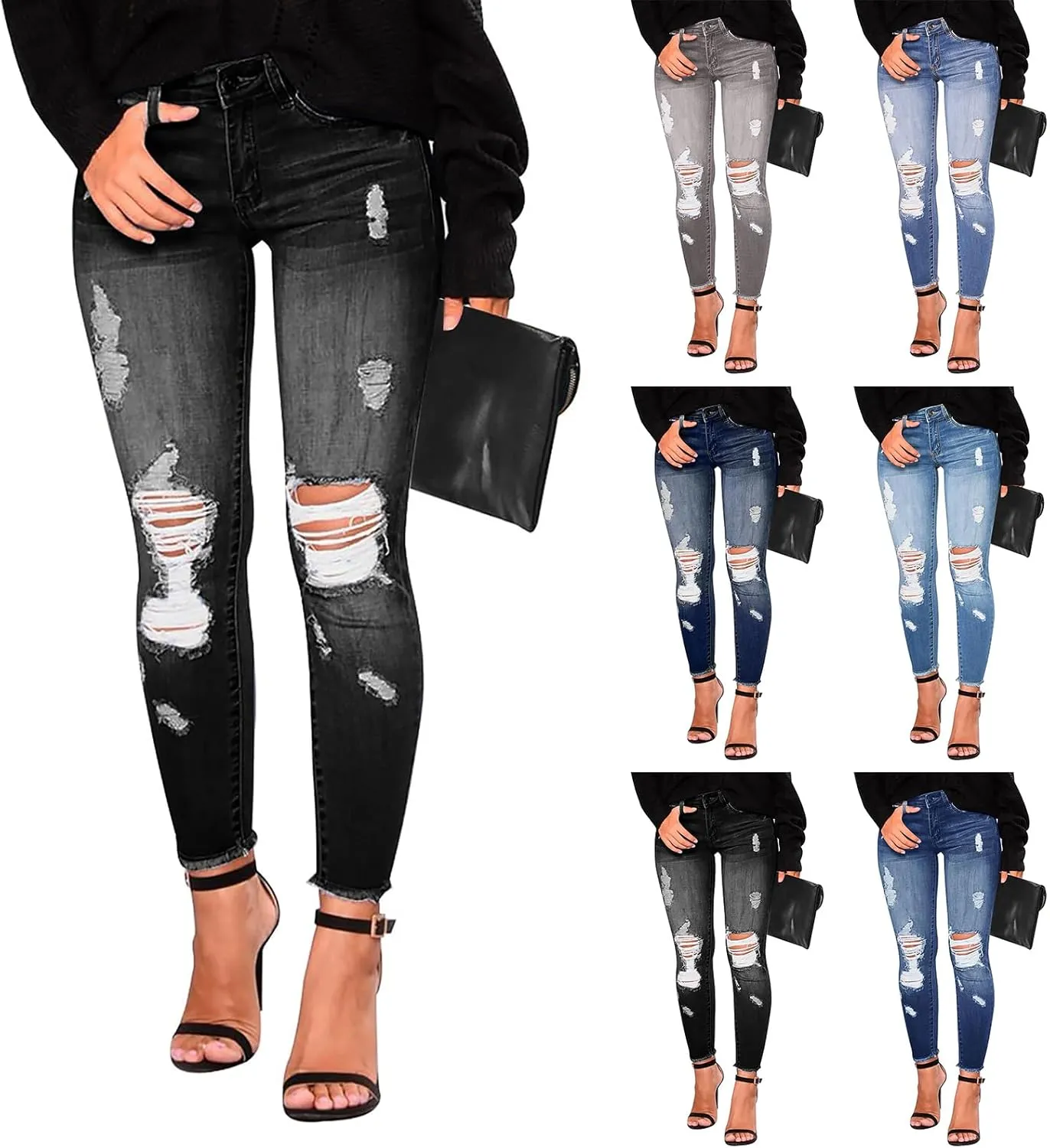 Skinny Jeans for Women Stretchy High Waisted Ripped Jeans Tummy Control Distressed Denim Leggings with Pockets