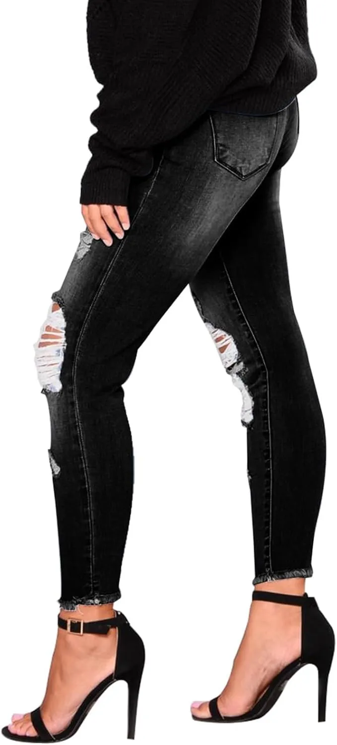 Skinny Jeans for Women Stretchy High Waisted Ripped Jeans Tummy Control Distressed Denim Leggings with Pockets