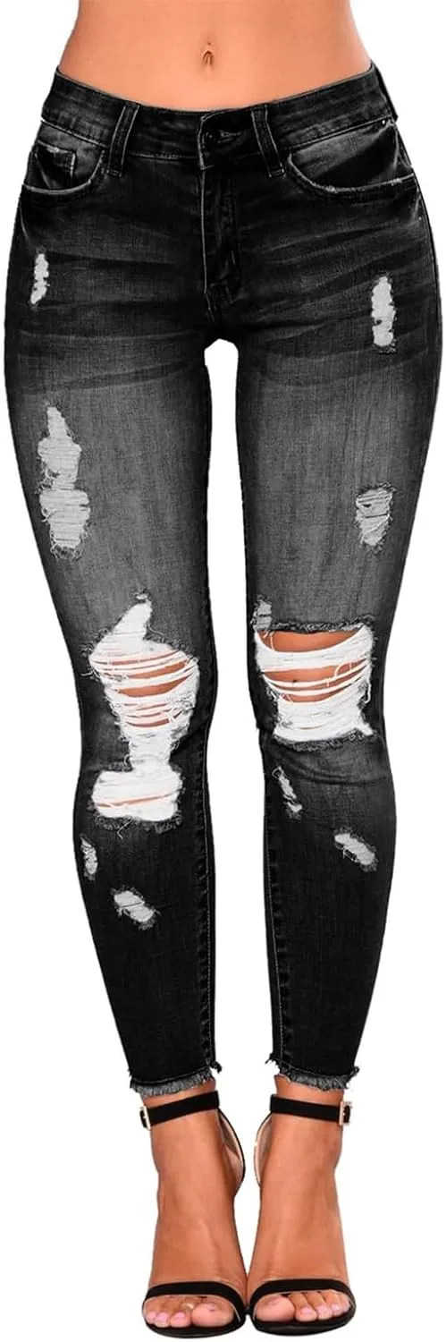 Skinny Jeans for Women Stretchy High Waisted Ripped Jeans Tummy Control Distressed Denim Leggings with Pockets