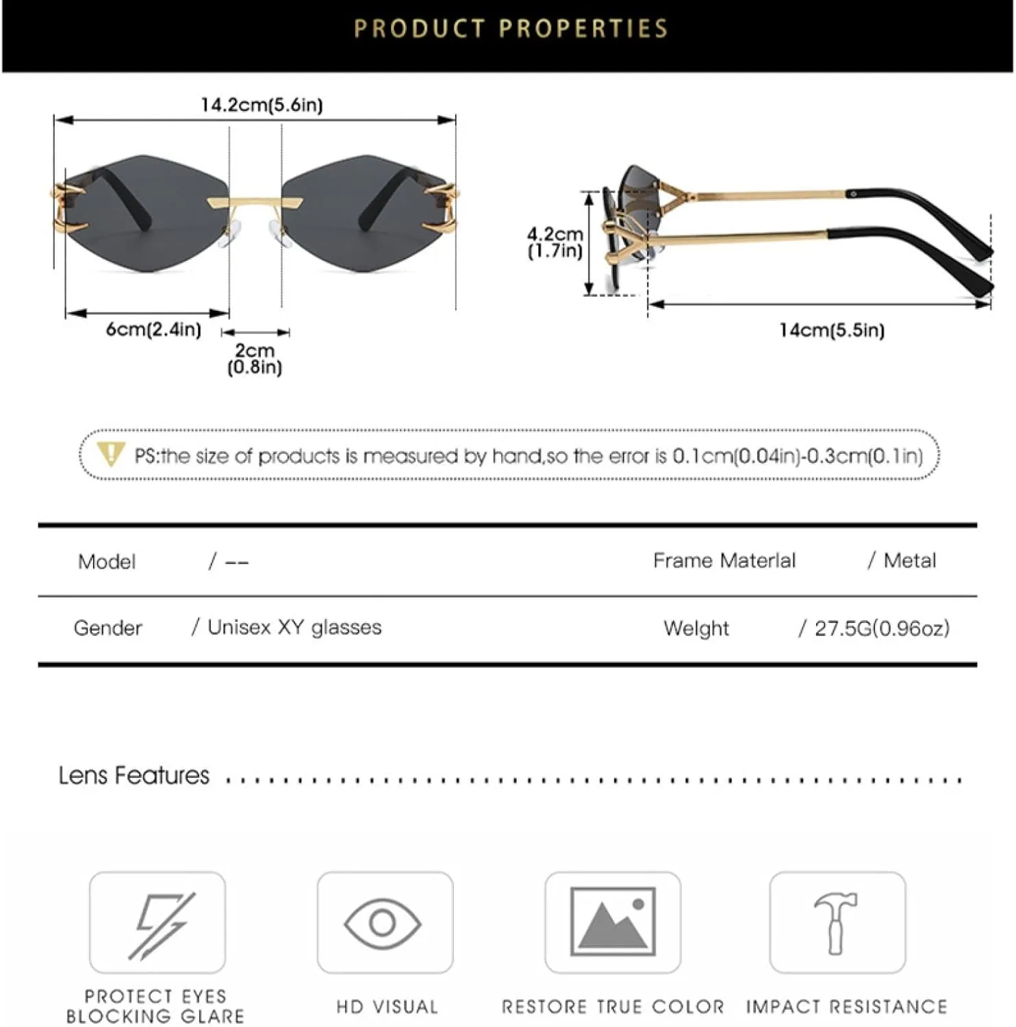 Small Hexagon Rimless Sunglasses for Women Men Luxury Polygon Retro Metal Frame Uv400