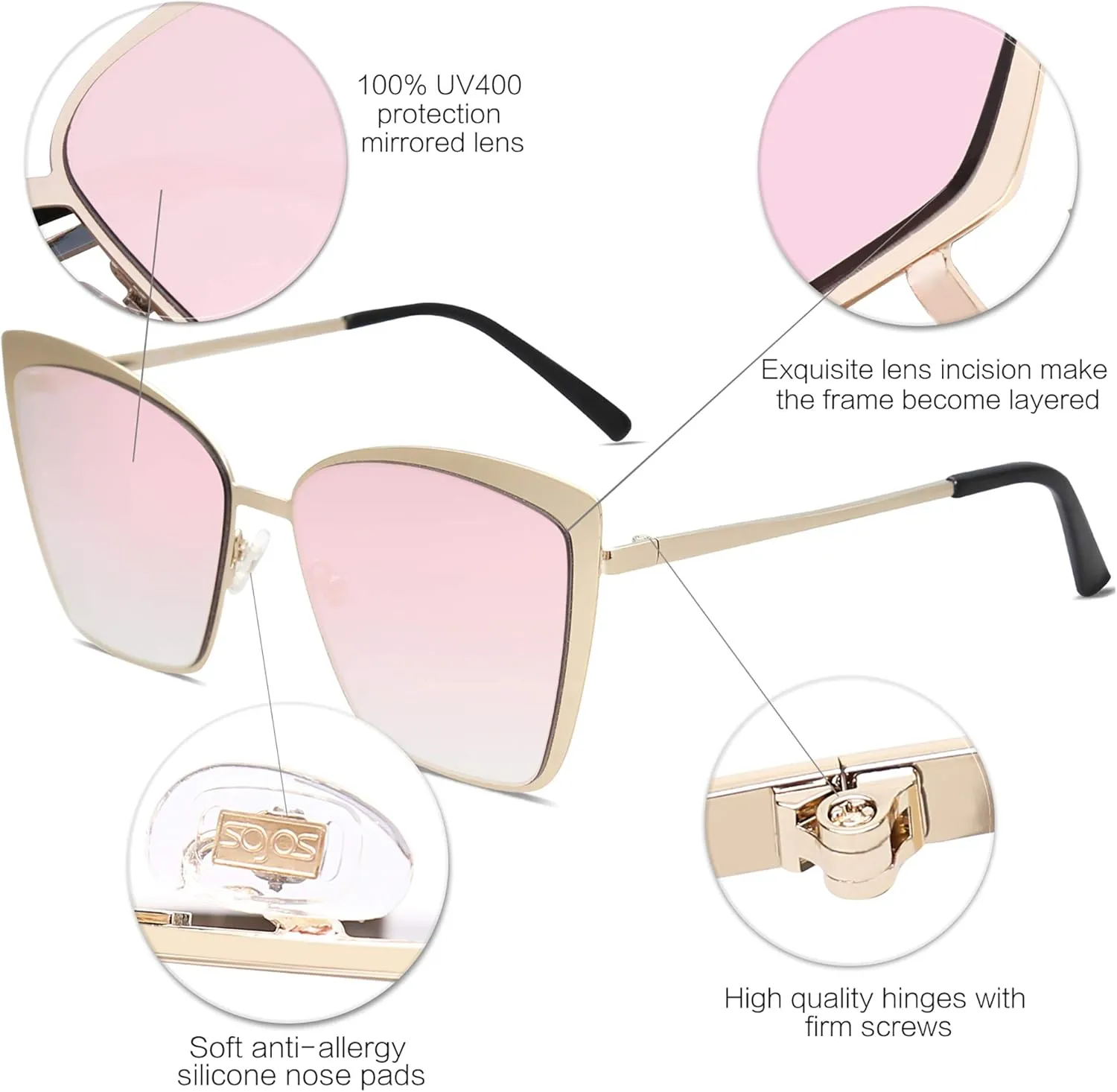 SOJOS Cateye Sunglasses for Women Fashion Mirrored Lens Metal Frame SJ1086