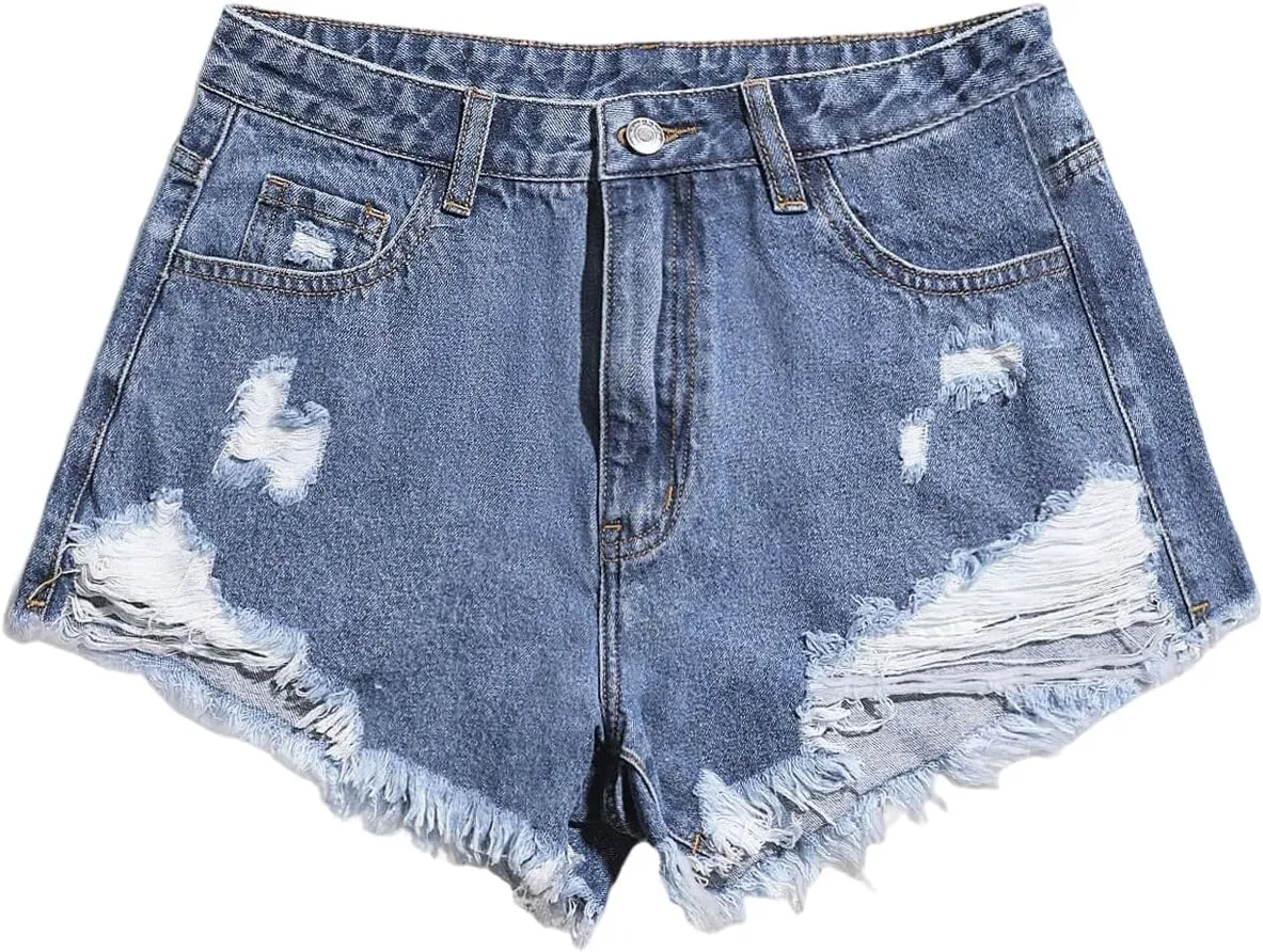 SOLY HUX Women's Ripped Raw Hem Jean Shorts High Waisted Straight Leg Denim Shorts Streetwear