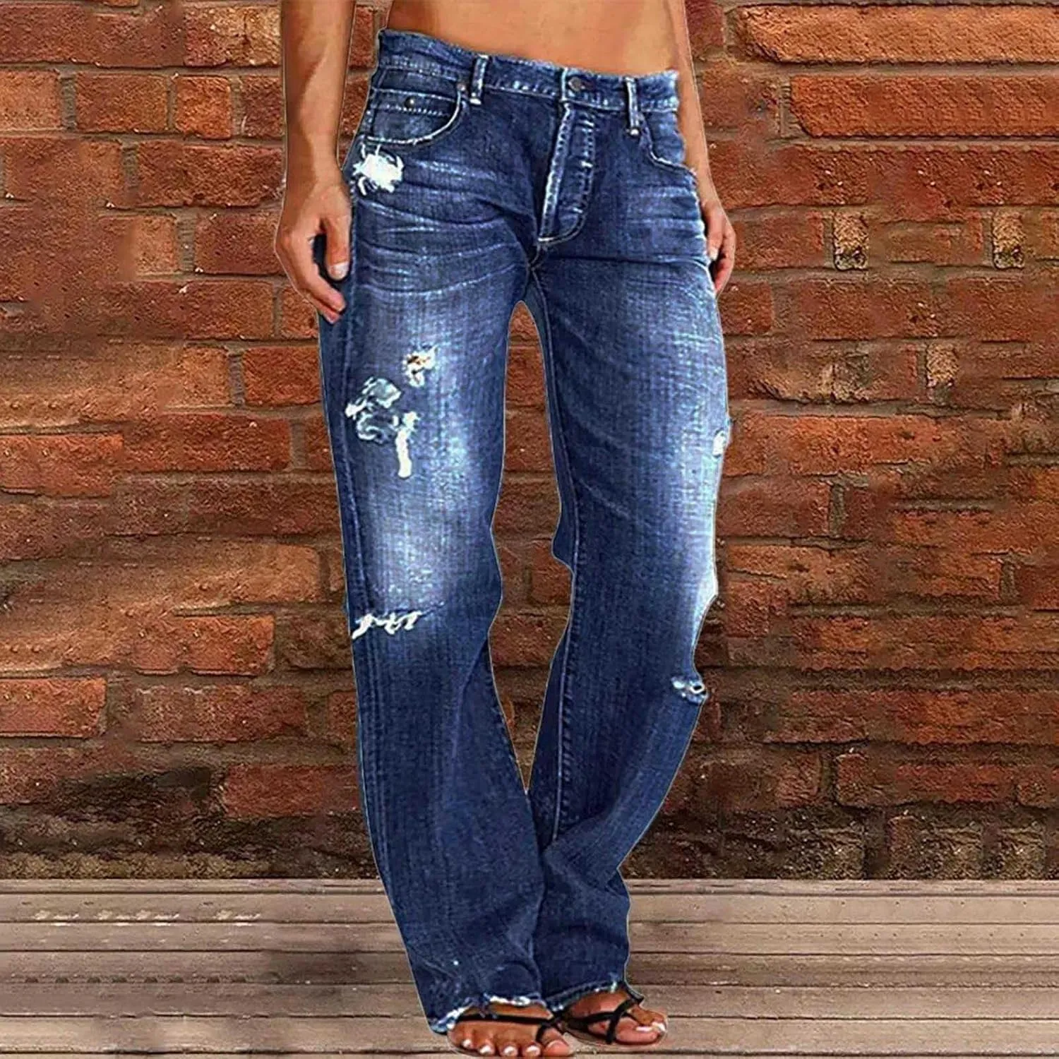 Straight Leg Jeans for Women Baggy Low Rise Ripped Jeans Casual Boyfriend Denim Pants with Pockets Trouser Jeans