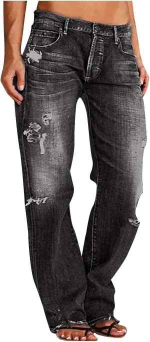 Straight Leg Jeans for Women Baggy Low Rise Ripped Jeans Casual Boyfriend Denim Pants with Pockets Trouser Jeans