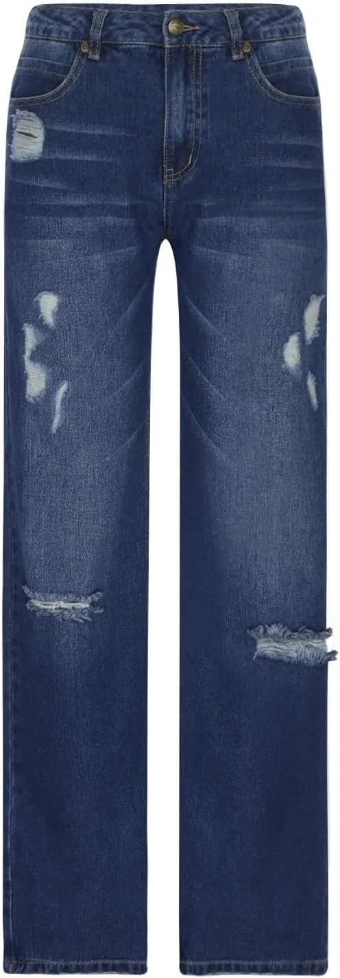 Straight Leg Jeans for Women Baggy Low Rise Ripped Jeans Casual Boyfriend Denim Pants with Pockets Trouser Jeans