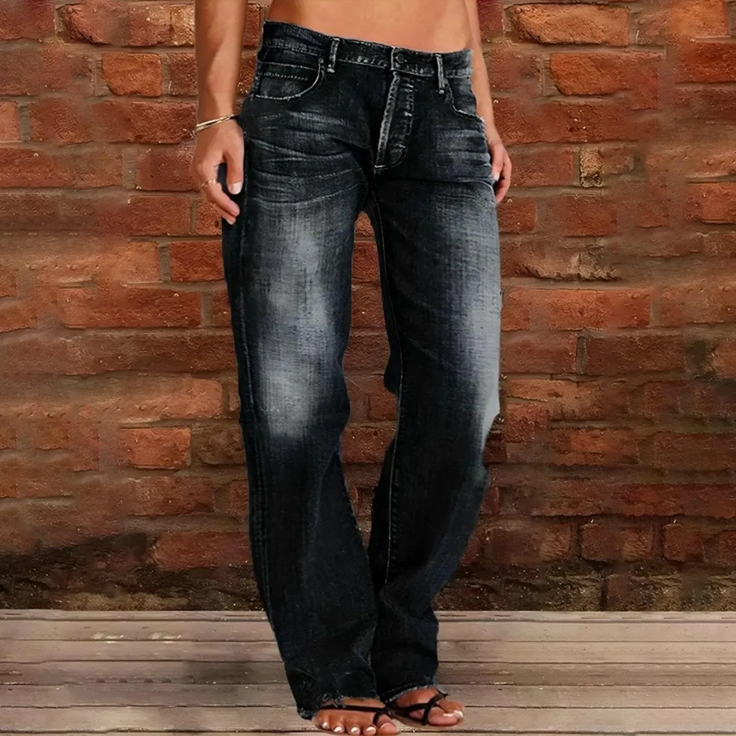 Straight Leg Jeans for Women Baggy Low Rise Ripped Jeans Casual Boyfriend Denim Pants with Pockets Trouser Jeans
