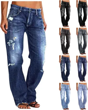 Straight Leg Jeans for Women Baggy Low Rise Ripped Jeans Casual Boyfriend Denim Pants with Pockets Trouser Jeans