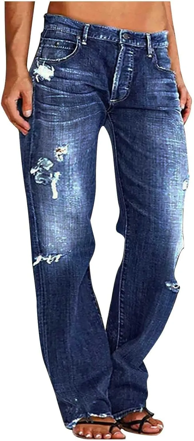 Straight Leg Jeans for Women Baggy Low Rise Ripped Jeans Casual Boyfriend Denim Pants with Pockets Trouser Jeans