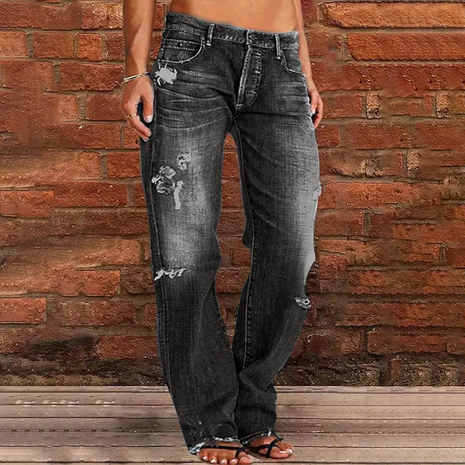 Straight Leg Jeans for Women Baggy Low Rise Ripped Jeans Casual Boyfriend Denim Pants with Pockets Trouser Jeans