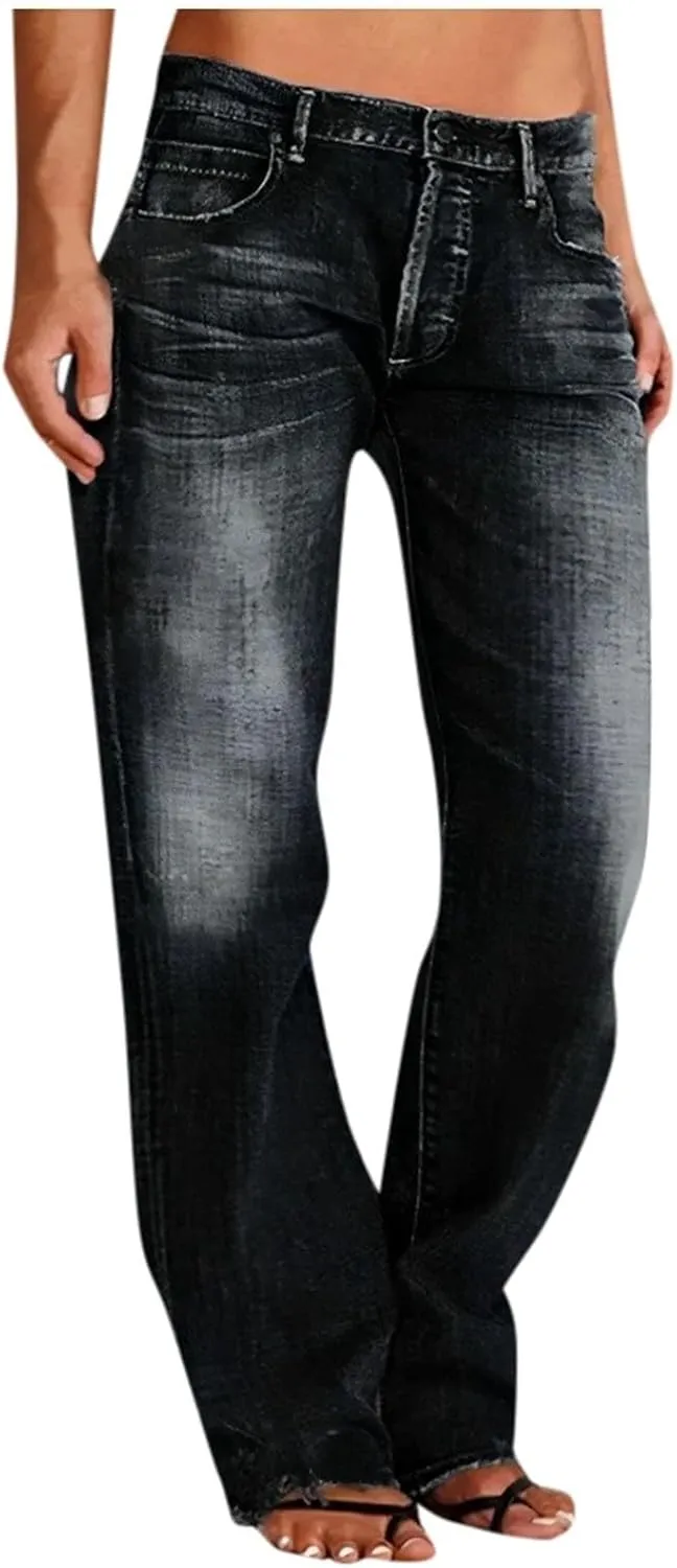 Straight Leg Jeans for Women Baggy Low Rise Ripped Jeans Casual Boyfriend Denim Pants with Pockets Trouser Jeans