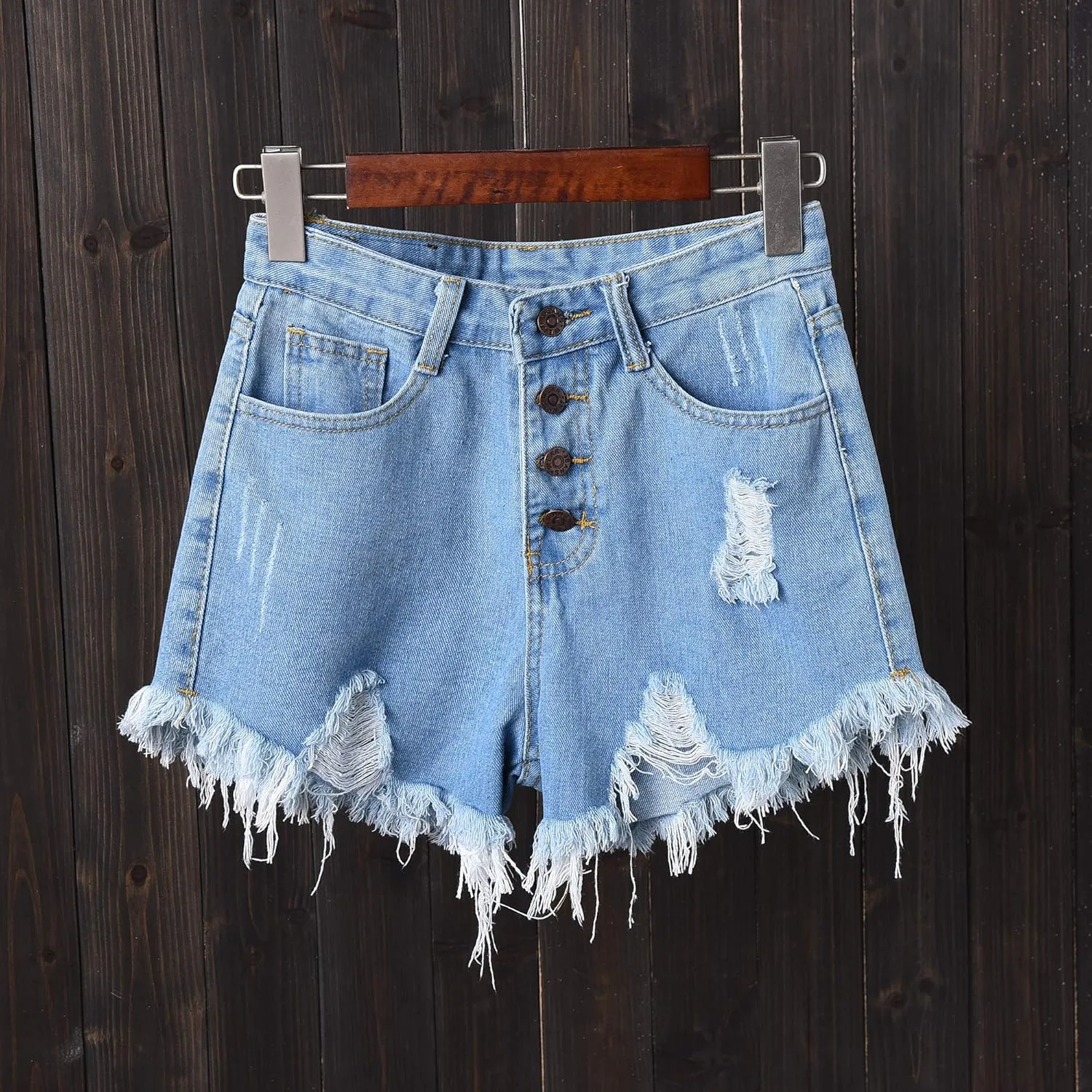 Swbreety Women's Button Down High Rise Frayed Raw Hem Stretchy Denim Shorts