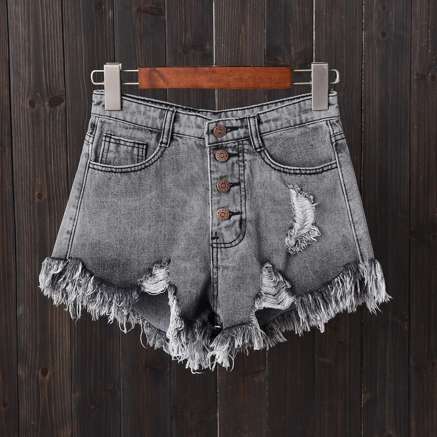 Swbreety Women's Button Down High Rise Frayed Raw Hem Stretchy Denim Shorts