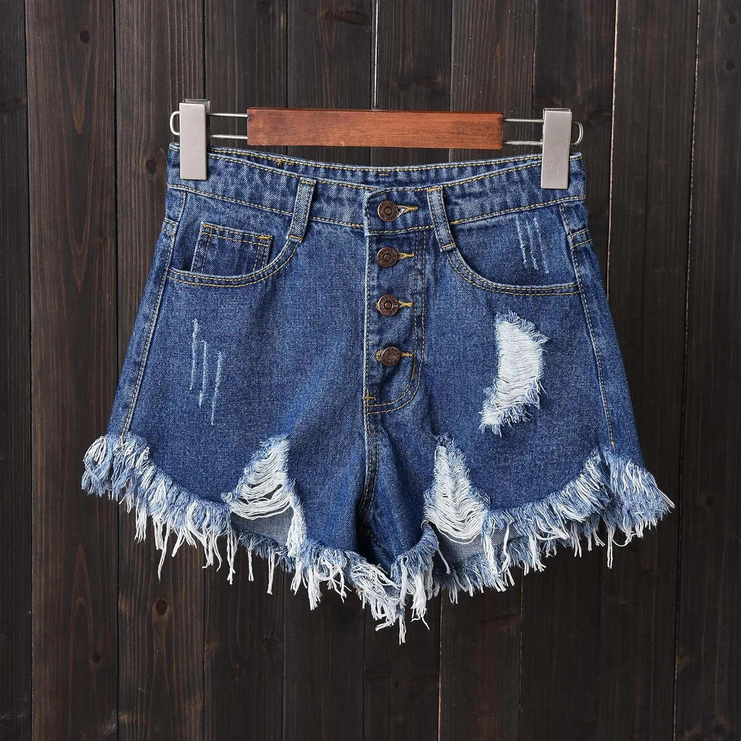 Swbreety Women's Button Down High Rise Frayed Raw Hem Stretchy Denim Shorts