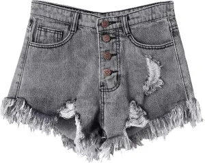 Swbreety Women's Button Down High Rise Frayed Raw Hem Stretchy Denim Shorts