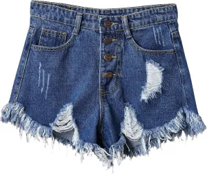 Swbreety Women's Button Down High Rise Frayed Raw Hem Stretchy Denim Shorts