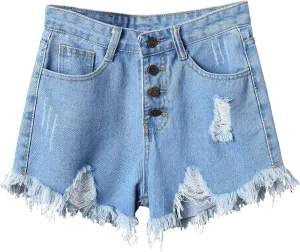 Swbreety Women's Button Down High Rise Frayed Raw Hem Stretchy Denim Shorts