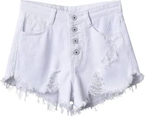 Swbreety Women's Button Down High Rise Frayed Raw Hem Stretchy Denim Shorts
