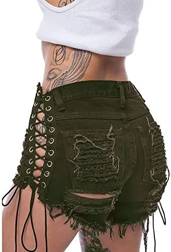 Swbreety Women's High Rise Ripped Hole Bandage Denim Shorts Lace Up Short Jeans