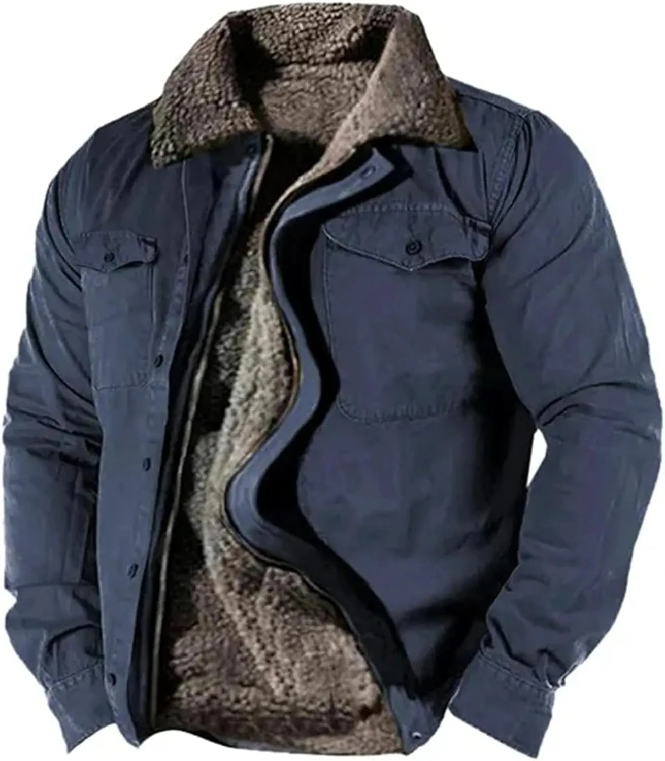 Thatrich Men's Sherpa Lined Jacket Warm Fleece Coats Faux Fur Jackets Fuzzy Zip Outwears Trendy Winter Overcoats with Pockets