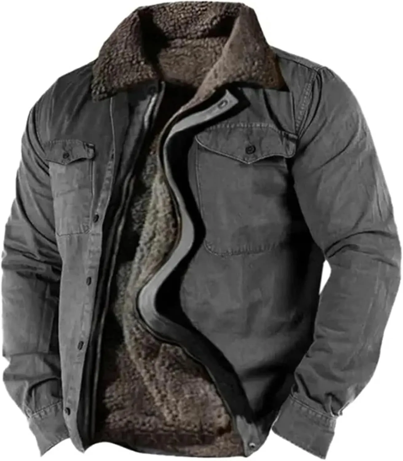 Thatrich Men's Sherpa Lined Jacket Warm Fleece Coats Faux Fur Jackets Fuzzy Zip Outwears Trendy Winter Overcoats with Pockets