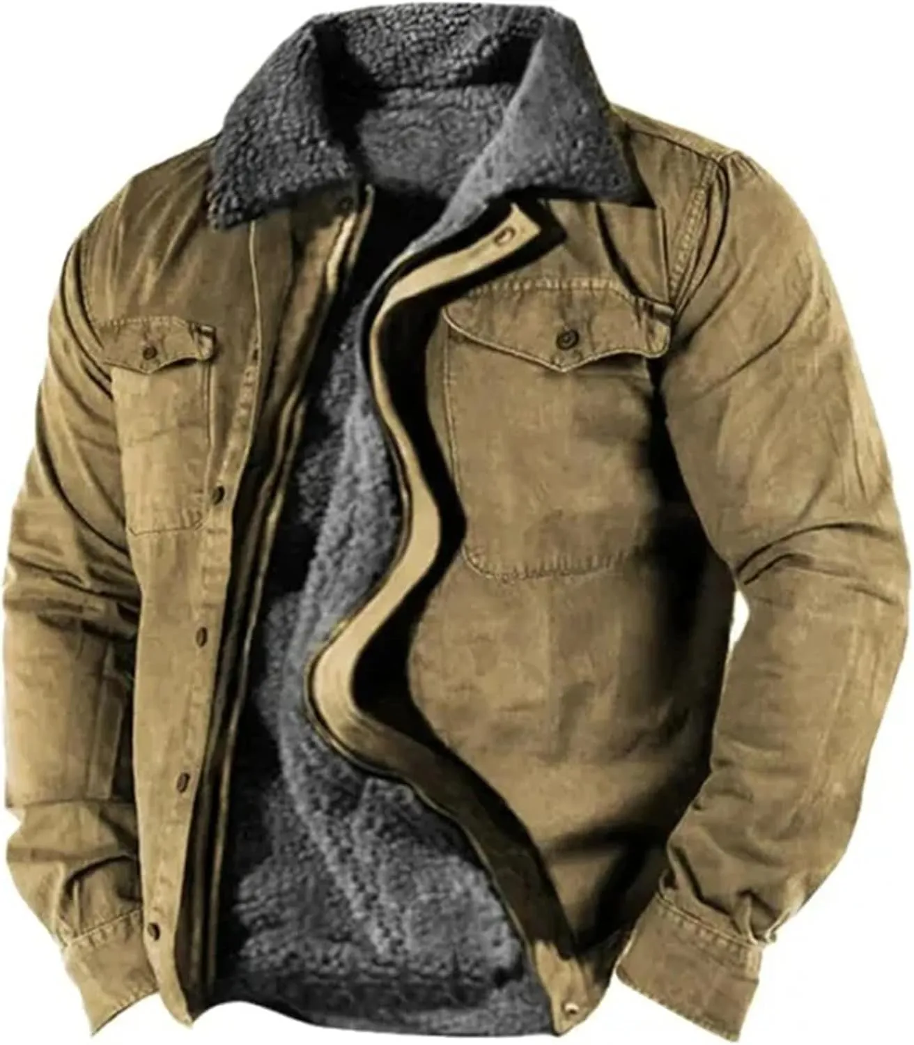 Thatrich Men's Sherpa Lined Jacket Warm Fleece Coats Faux Fur Jackets Fuzzy Zip Outwears Trendy Winter Overcoats with Pockets