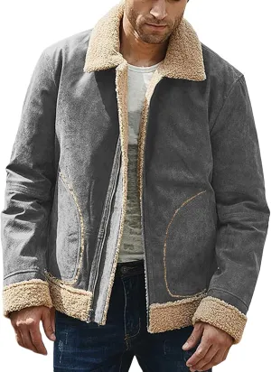 Thatrich Sherpa Lined Jacket Men Faux Suede Coats Warm Fleece Jackets Cozy Thicken Outwear Winter Trendy Coat Casual Overcoat