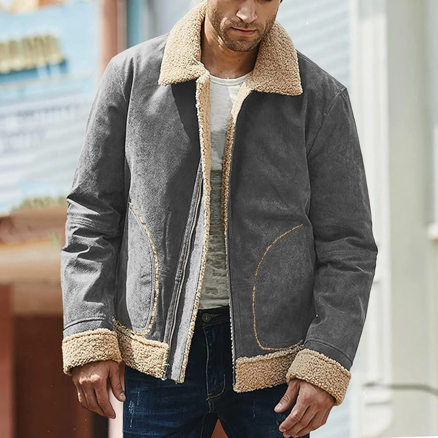 Thatrich Sherpa Lined Jacket Men Faux Suede Coats Warm Fleece Jackets Cozy Thicken Outwear Winter Trendy Coat Casual Overcoat