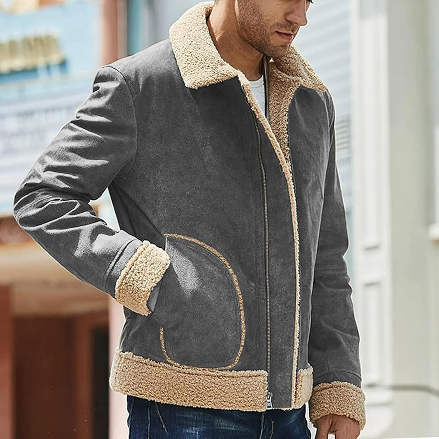 Thatrich Sherpa Lined Jacket Men Faux Suede Coats Warm Fleece Jackets Cozy Thicken Outwear Winter Trendy Coat Casual Overcoat