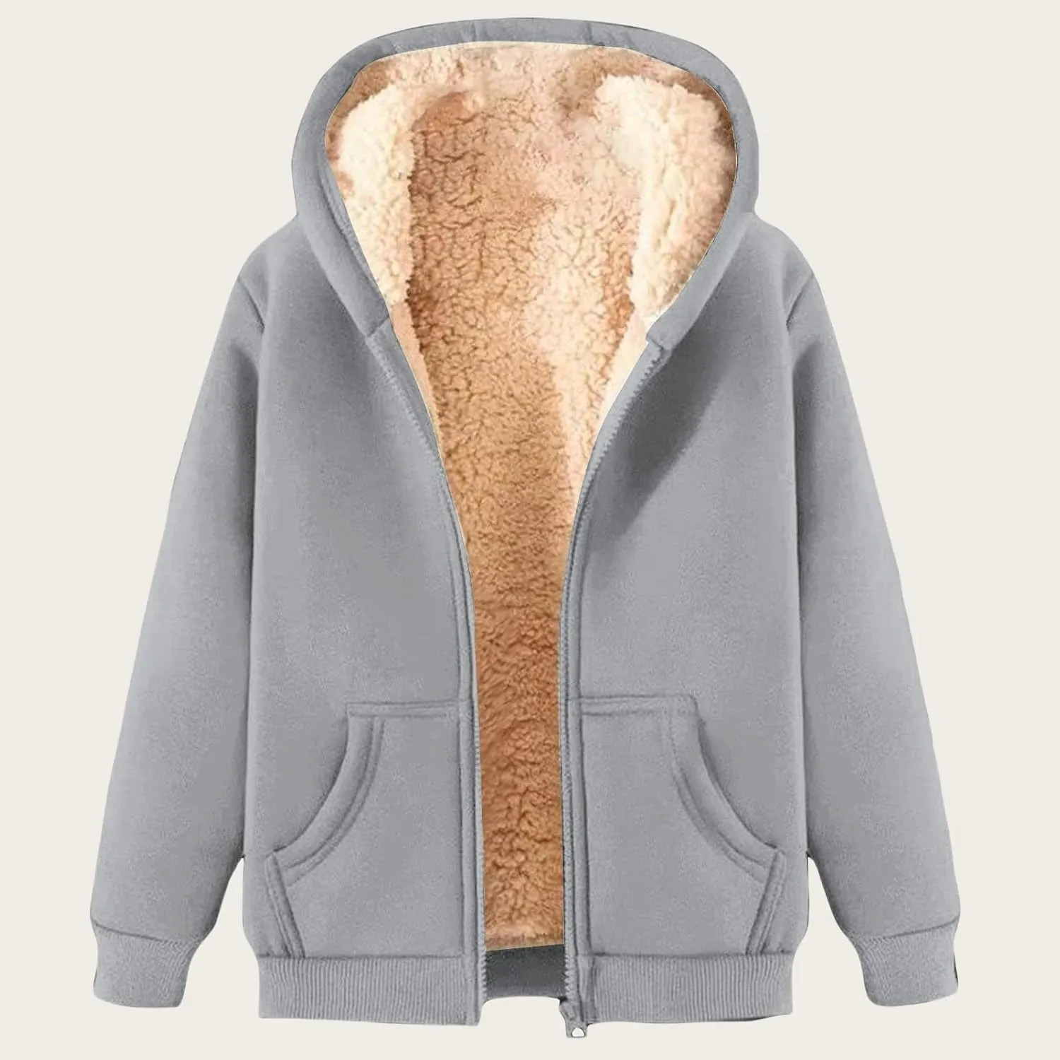 Thatrich Winter Fleece Jacket Men Sherpa Lined Coats Oversized Hooded Jackets Full Zip Casual Outwears Warm Winter Loose Coat