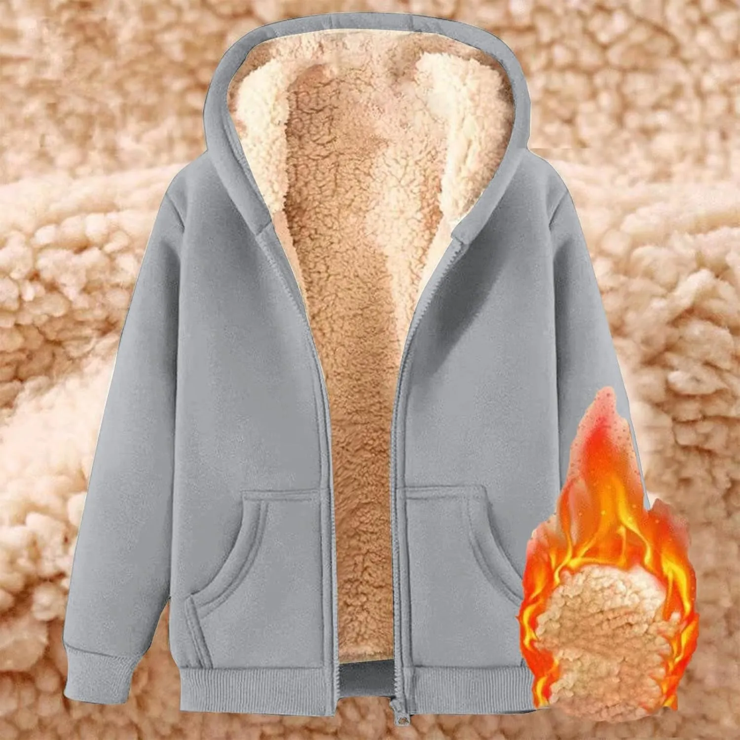 Thatrich Winter Fleece Jacket Men Sherpa Lined Coats Oversized Hooded Jackets Full Zip Casual Outwears Warm Winter Loose Coat