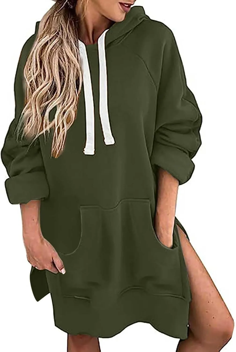 The Warmy Oversized Hoodie Dress for Women Trendy Casual Long Sleeve Split Hem Pullover Weighted Hoodie with Pocket