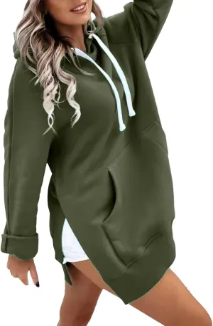 The Warmy Oversized Hoodie Dress for Women Trendy Casual Long Sleeve Split Hem Pullover Weighted Hoodie with Pocket