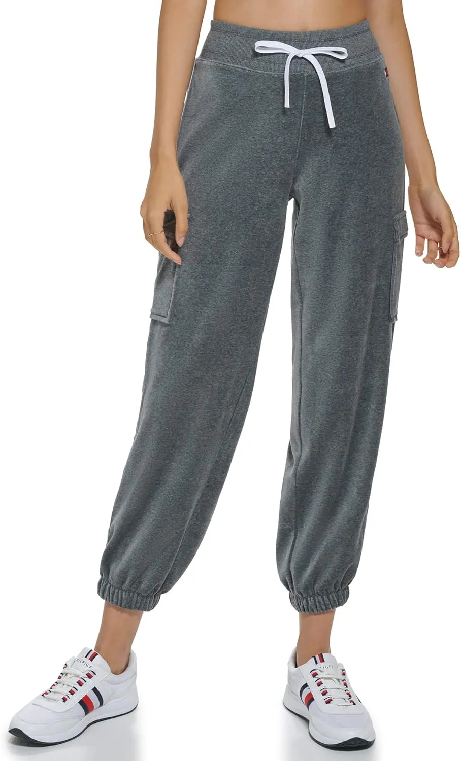 Tommy Hilfiger Women's Velour Fabric Cargo Pockets Jogger Rib Waistband With Drawcord Ghost Debossed Logo Taping