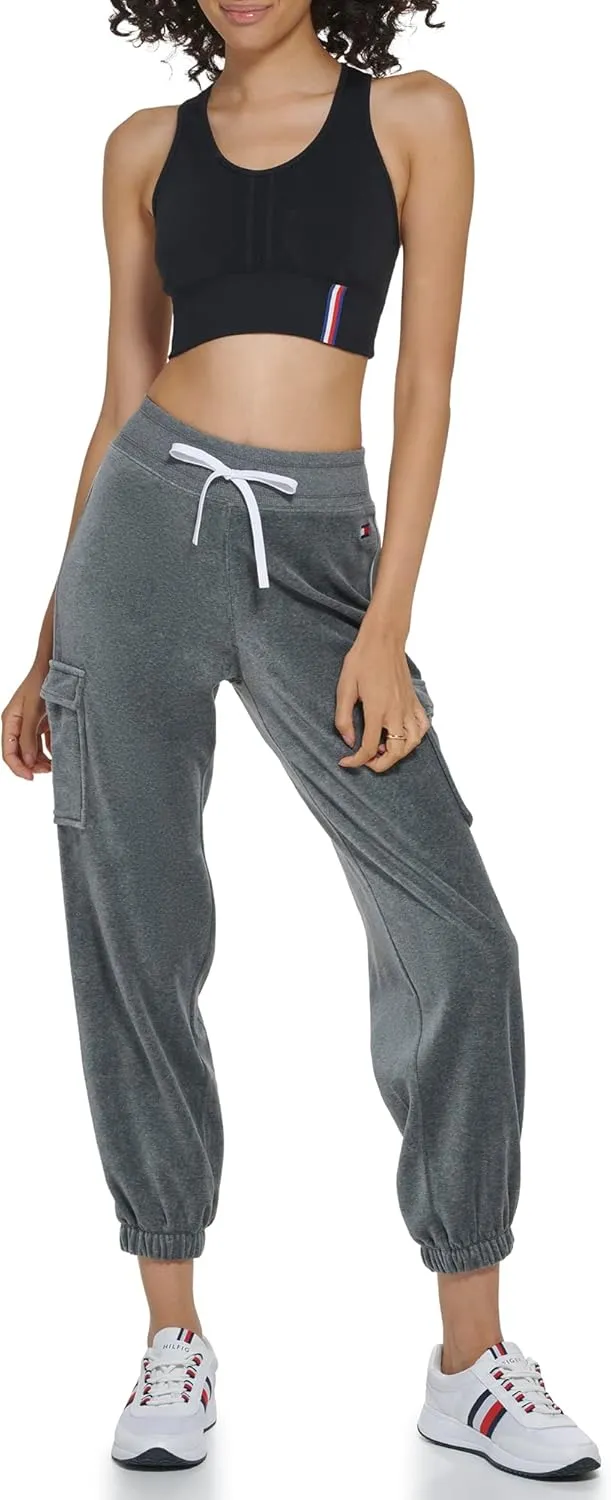 Tommy Hilfiger Women's Velour Fabric Cargo Pockets Jogger Rib Waistband With Drawcord Ghost Debossed Logo Taping