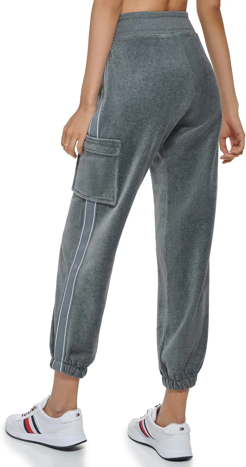 Tommy Hilfiger Women's Velour Fabric Cargo Pockets Jogger Rib Waistband With Drawcord Ghost Debossed Logo Taping