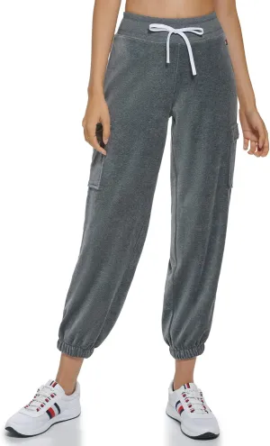 Tommy Hilfiger Women's Velour Fabric Cargo Pockets Jogger Rib Waistband With Drawcord Ghost Debossed Logo Taping