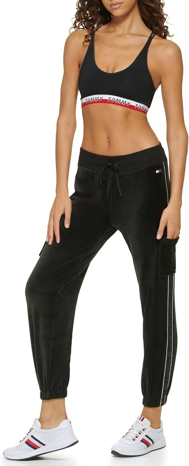 Tommy Hilfiger Women's Velour Fabric Cargo Pockets Jogger Rib Waistband With Drawcord Ghost Debossed Logo Taping