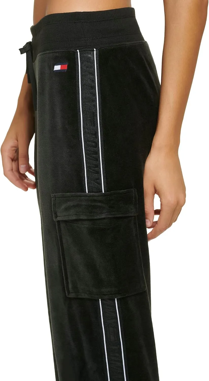 Tommy Hilfiger Women's Velour Fabric Cargo Pockets Jogger Rib Waistband With Drawcord Ghost Debossed Logo Taping
