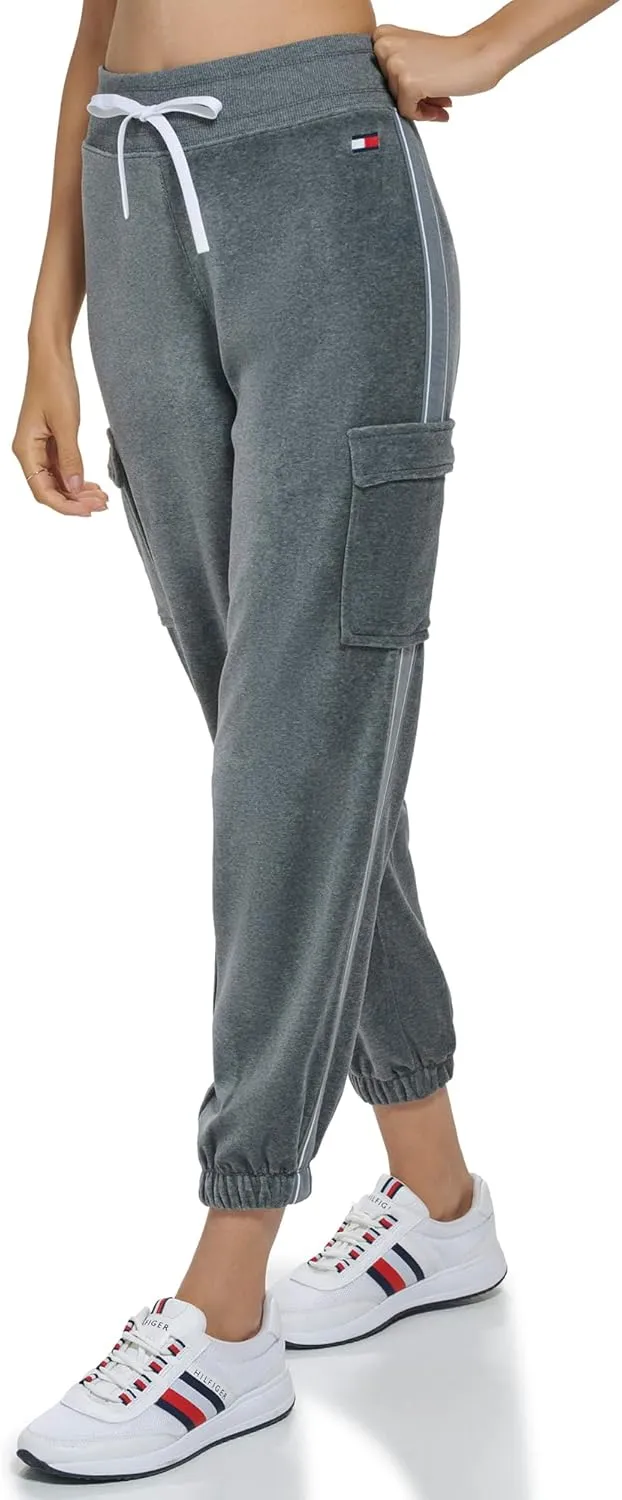 Tommy Hilfiger Women's Velour Fabric Cargo Pockets Jogger Rib Waistband With Drawcord Ghost Debossed Logo Taping
