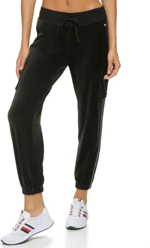 Tommy Hilfiger Women's Velour Fabric Cargo Pockets Jogger Rib Waistband With Drawcord Ghost Debossed Logo Taping