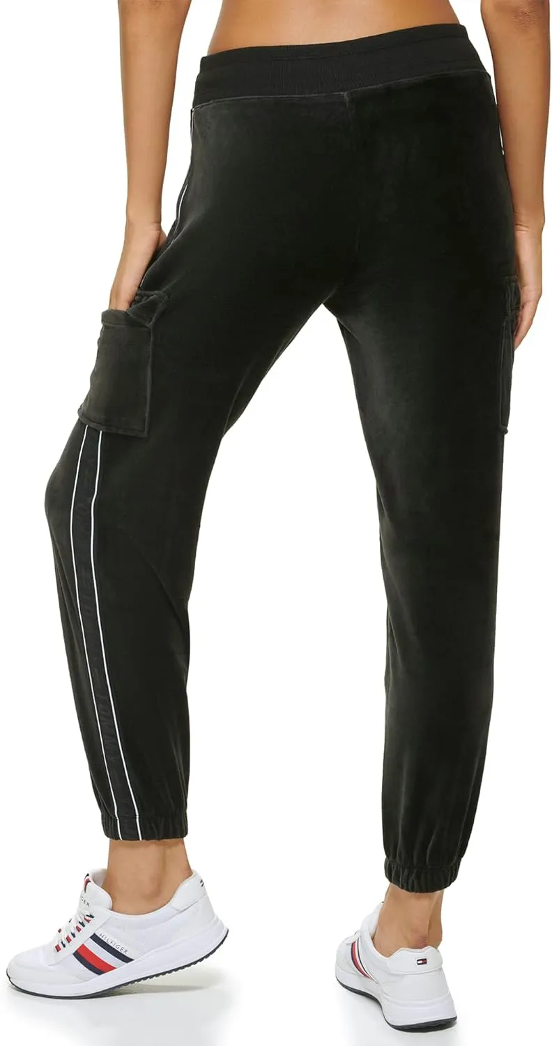Tommy Hilfiger Women's Velour Fabric Cargo Pockets Jogger Rib Waistband With Drawcord Ghost Debossed Logo Taping
