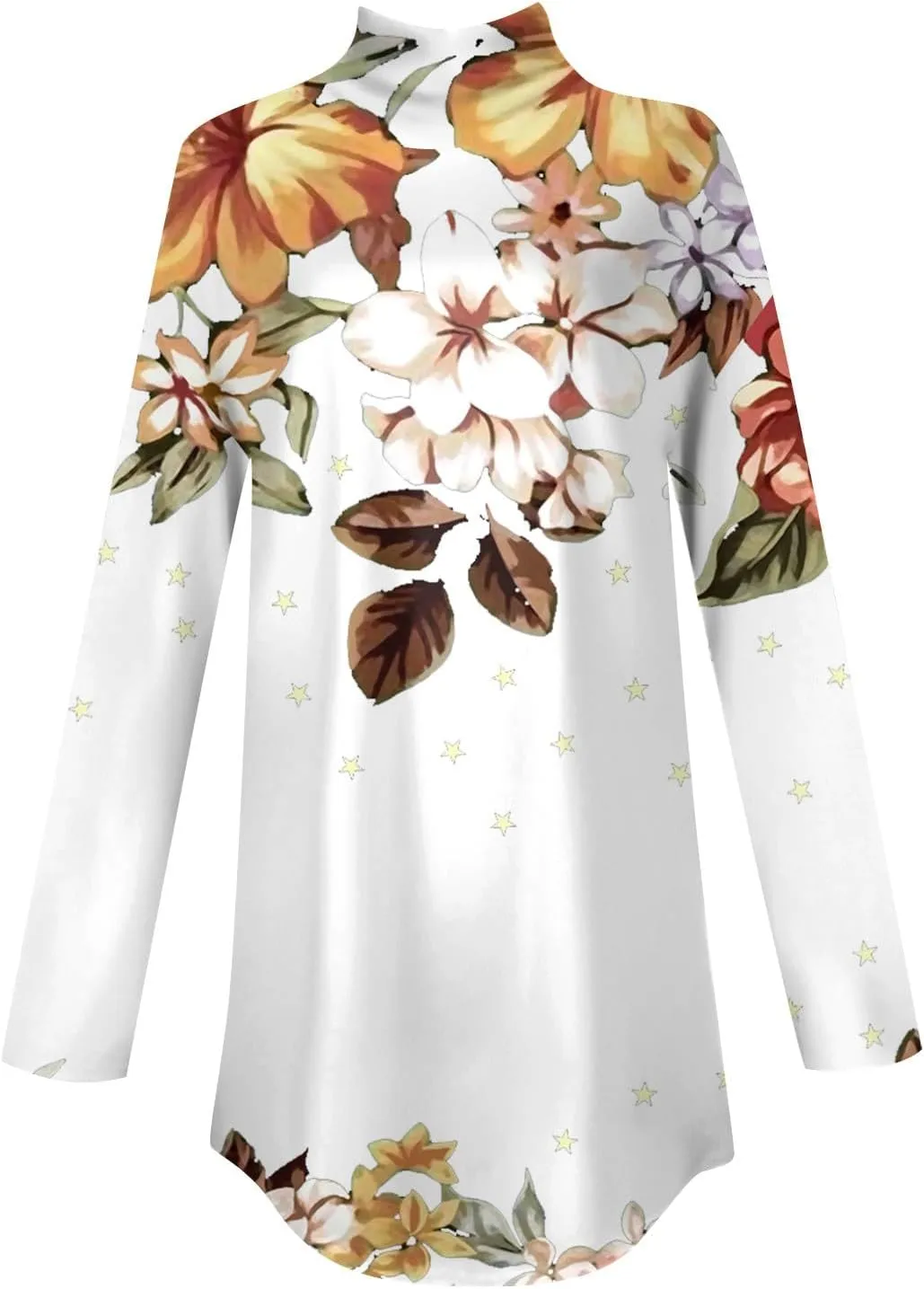 Tunic Tops for Women Loose Fit Fall Long Sleeve Shirts Mock Neck Work Tops Turtle Neck Side Split Floral Print Blouses