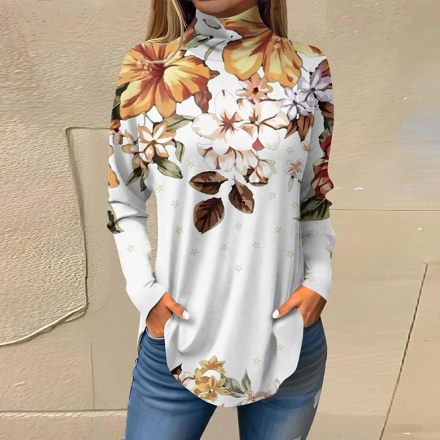 Tunic Tops for Women Loose Fit Fall Long Sleeve Shirts Mock Neck Work Tops Turtle Neck Side Split Floral Print Blouses