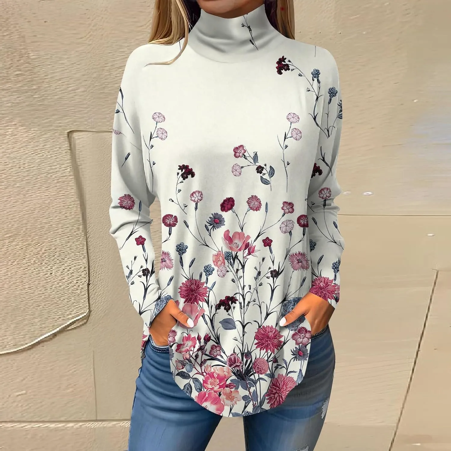 Tunic Tops for Women Loose Fit Fall Long Sleeve Shirts Mock Neck Work Tops Turtle Neck Side Split Floral Print Blouses