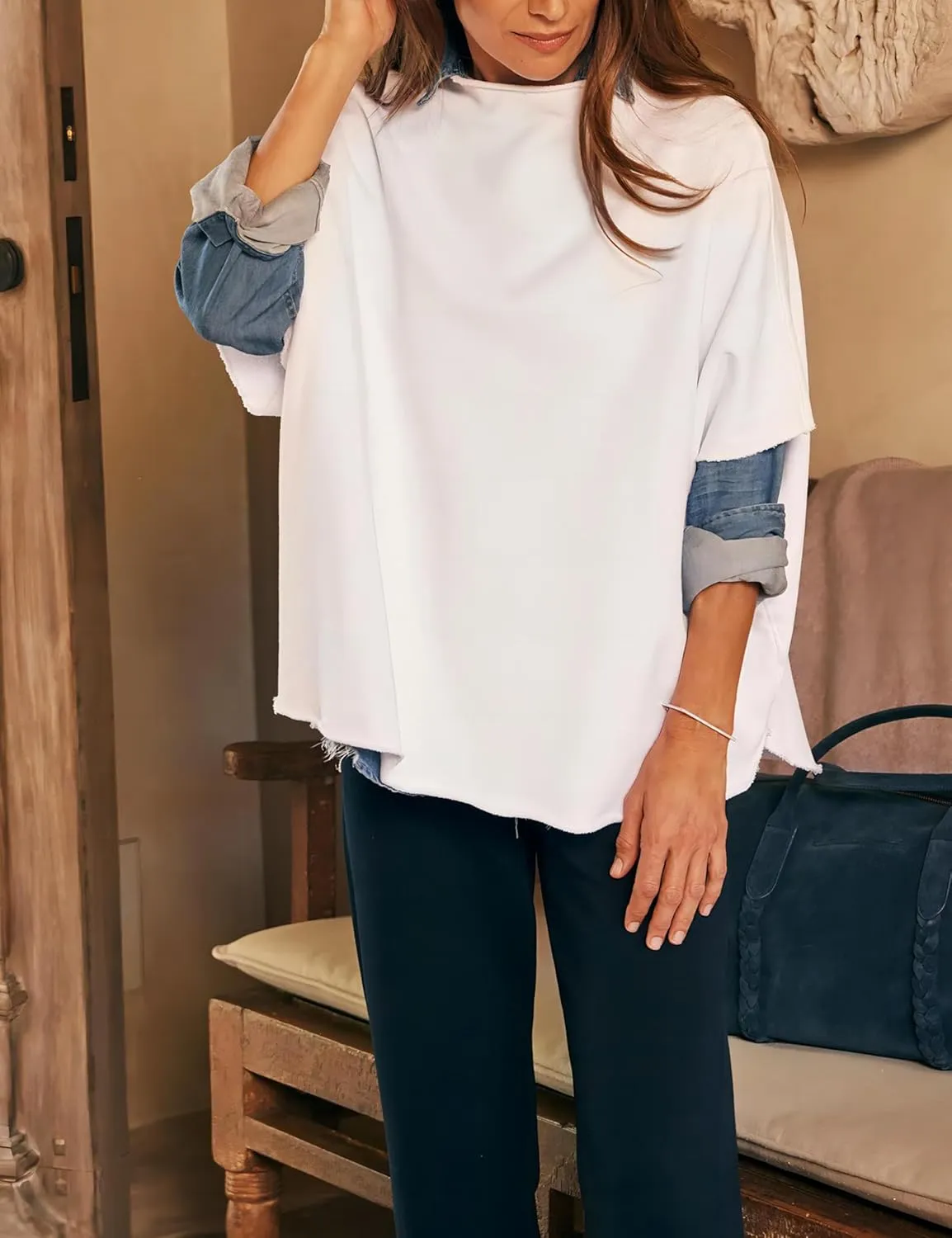 VAOYIU Women's Oversized Funnel Neck Tops 3/4 Batwing Sleeve Capelet Casual Travel Pullover Sweatshirts