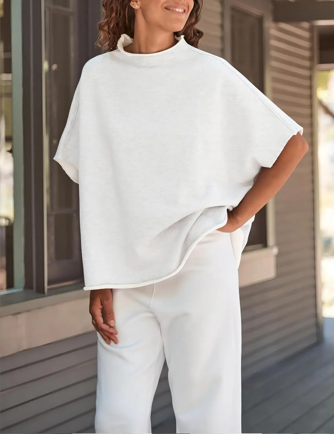 VAOYIU Women's Oversized Funnel Neck Tops 3/4 Batwing Sleeve Capelet Casual Travel Pullover Sweatshirts