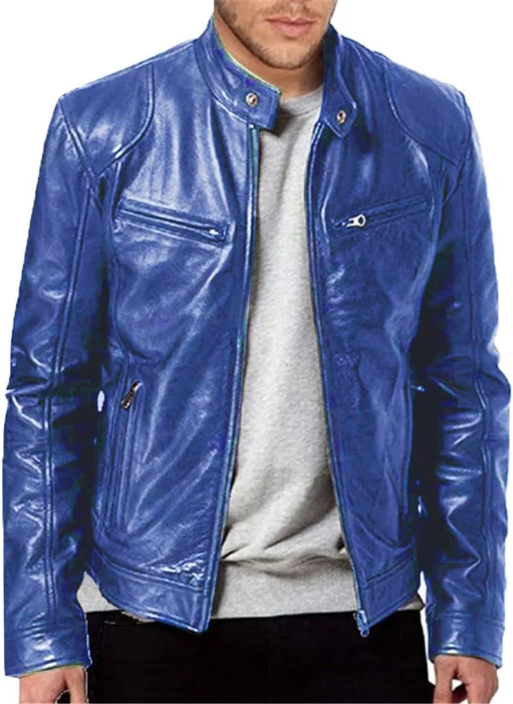 Vintage Jacket for Men Leather Biker Cowboy Casual Collar Zip Up RetroVarsity Coat Motorcycle Lightweight Sweatshirts