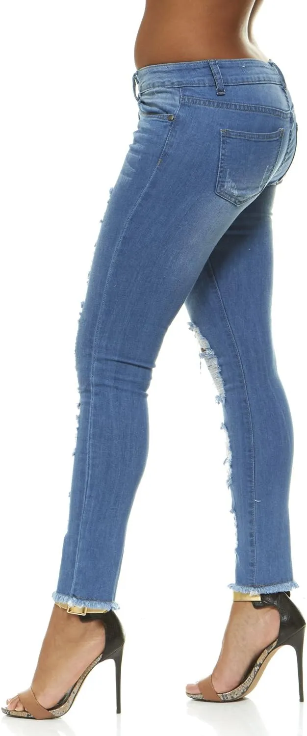 V.I.P. JEANS Women's Fray Hem Skinny Distressed Ripped Juniors Plus