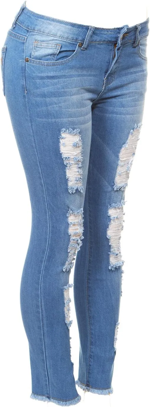 V.I.P. JEANS Women's Fray Hem Skinny Distressed Ripped Juniors Plus