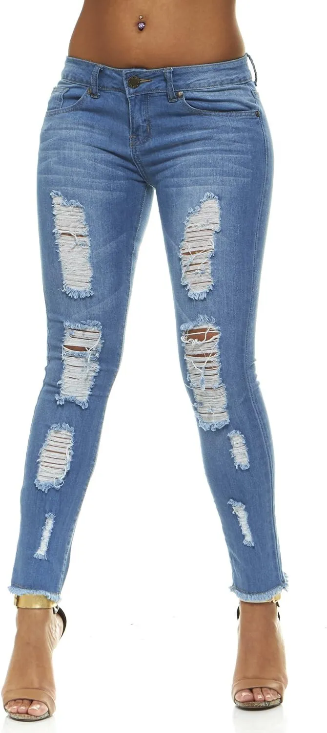 V.I.P. JEANS Women's Fray Hem Skinny Distressed Ripped Juniors Plus